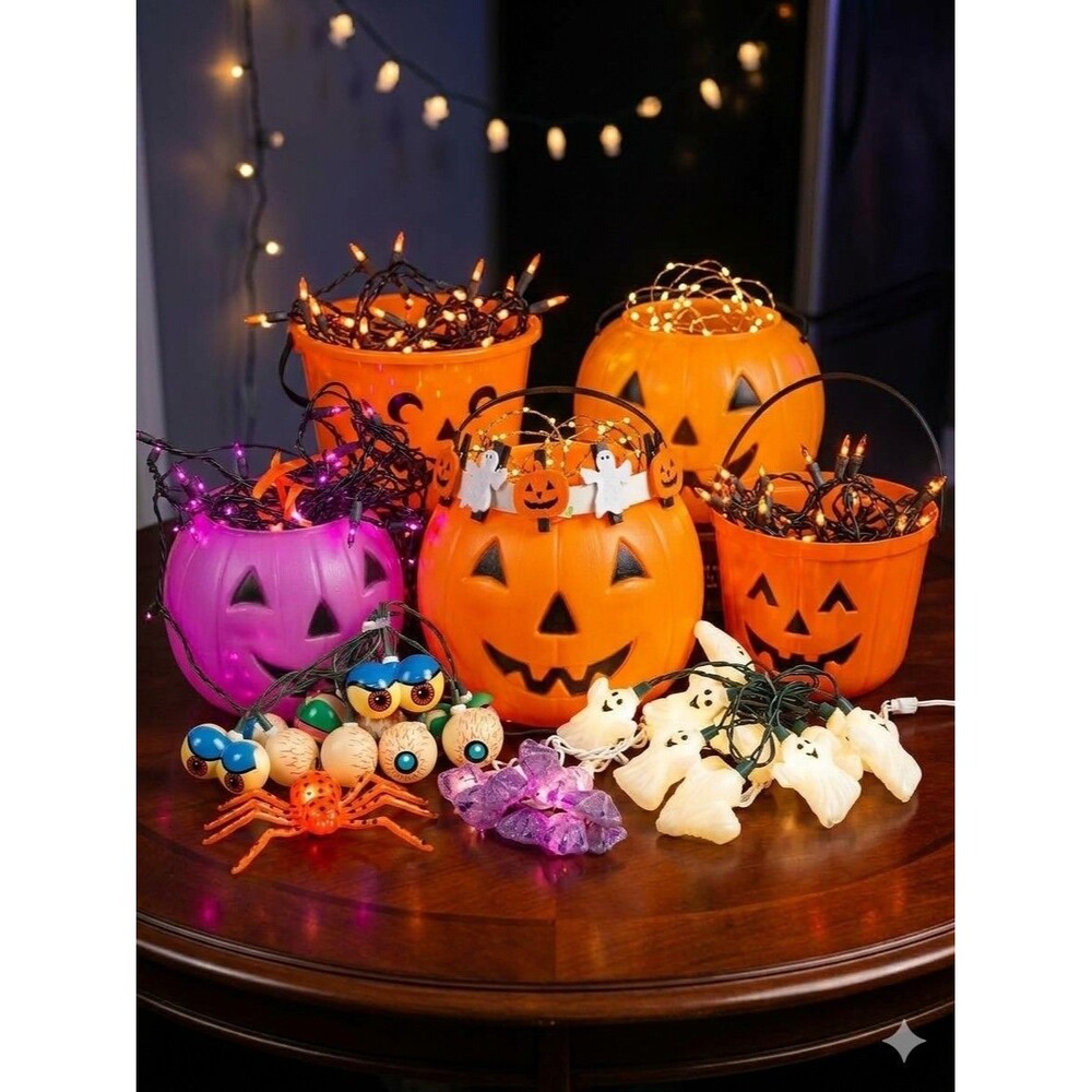 Vintage Halloween Decor Lot Blow Mold Pumpkin 3 Buckets Ghost Spider Bat Lights